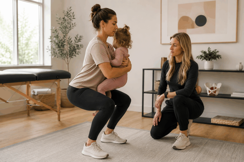Pelvic floor physical therapist assessing glute recruitment, pelvic stability, and movement coordination after pregnancy.