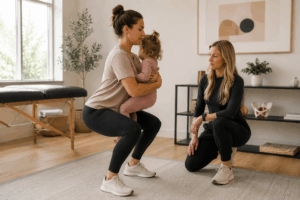 Pelvic floor physical therapist assessing glute recruitment, pelvic stability, and movement coordination after pregnancy.